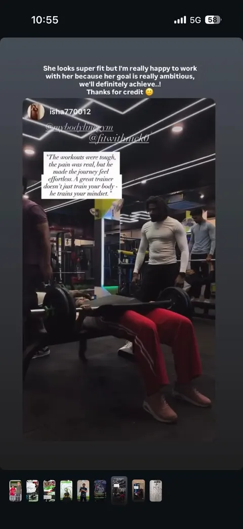 Screenshot of a client’s Instagram story thanking Nicky: the workouts were tough, but he made the journey feel effortless.