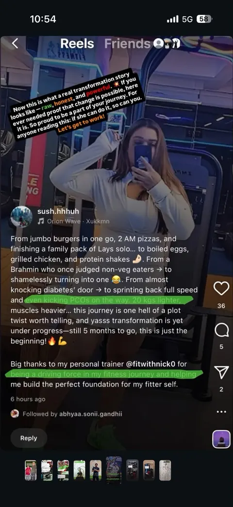 Screenshot of a client’s Instagram reel describing losing 20 kg while managing PCOS.