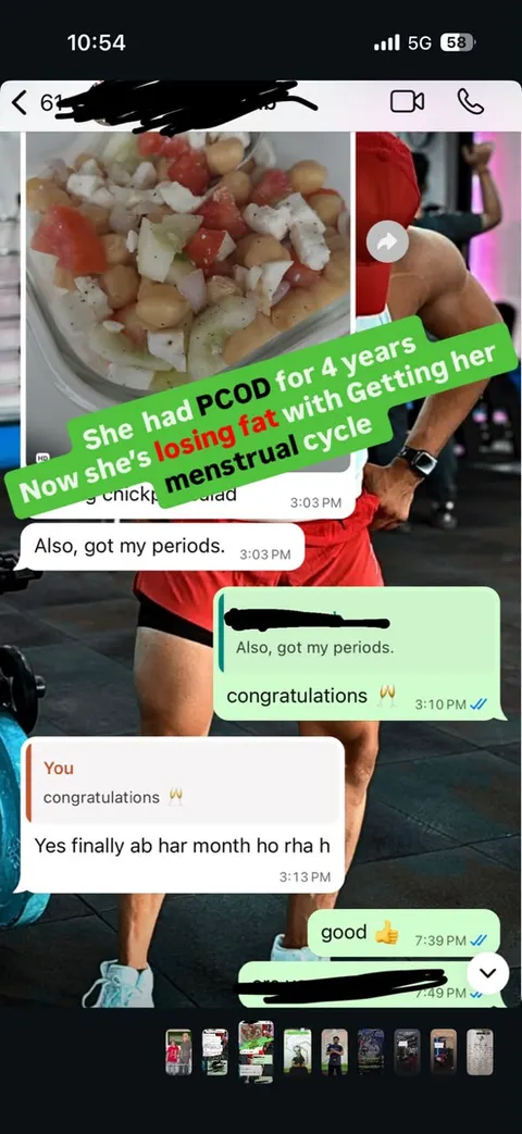 Screenshot of a WhatsApp chat: a client with PCOD for four years is losing fat and her menstrual cycle has returned.