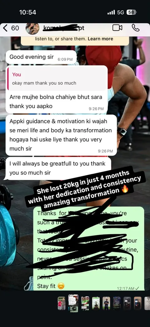 Screenshot of a WhatsApp chat in which a client who lost 20 kg in 4 months thanks Nicky.
