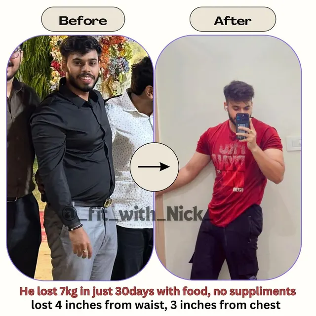 Before and after photos of a male client who lost 7 kg in 30 days.