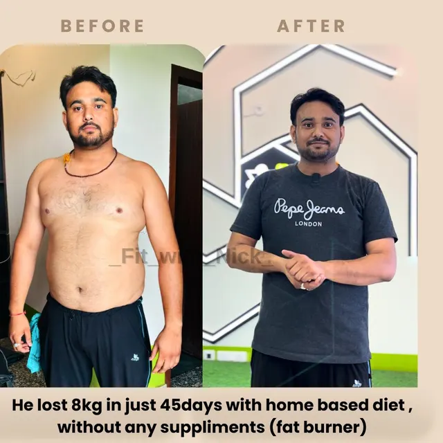 Before and after photos of a male client who lost 8 kg in 45 days.