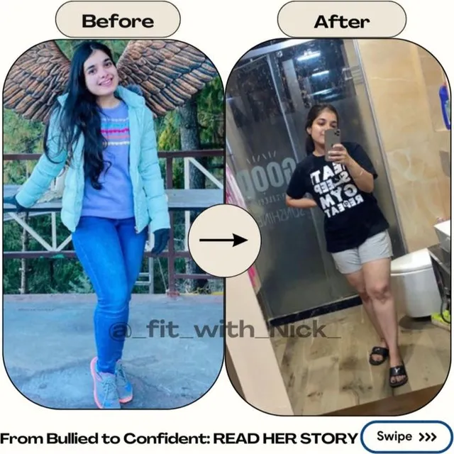 Before and after photos of a young female client, captioned From bullied to confident.