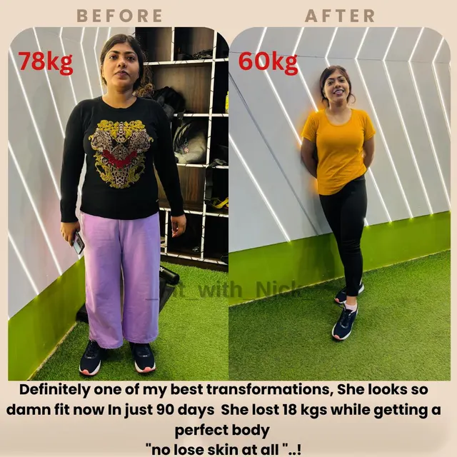 Before and after photos of a female client going from 78 kg to 60 kg.