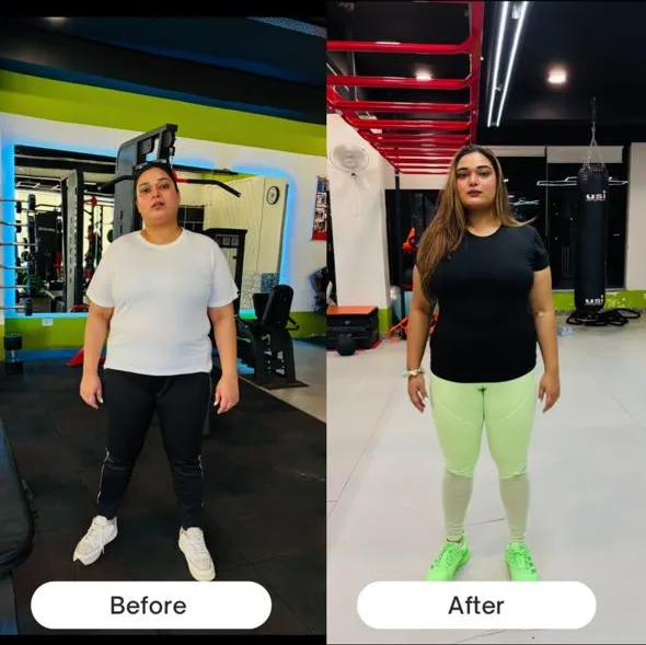 Before and after photos of a female client standing in the gym.