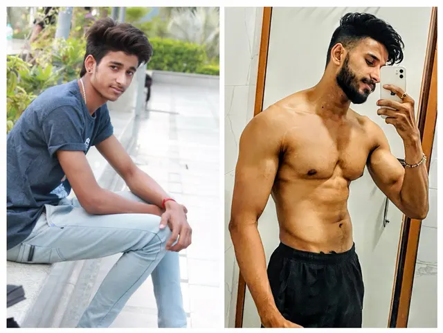 Before and after photos of a male client showing a leaner, more muscular physique.