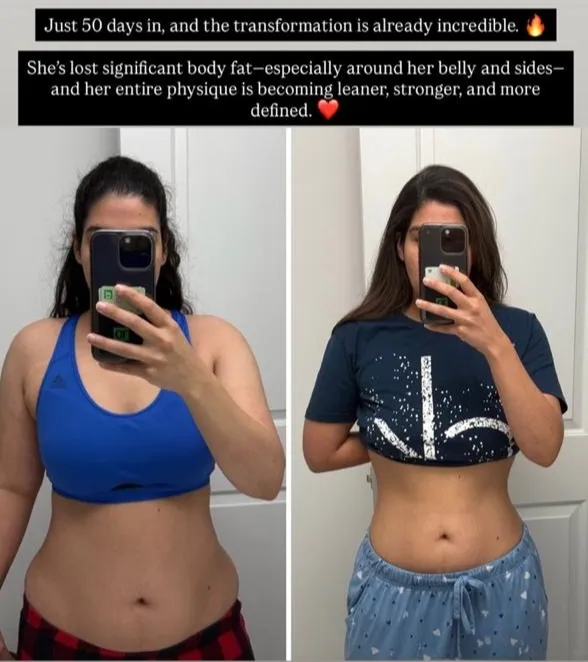 Before and after mirror selfies showing visible fat loss around the waist after 50 days.